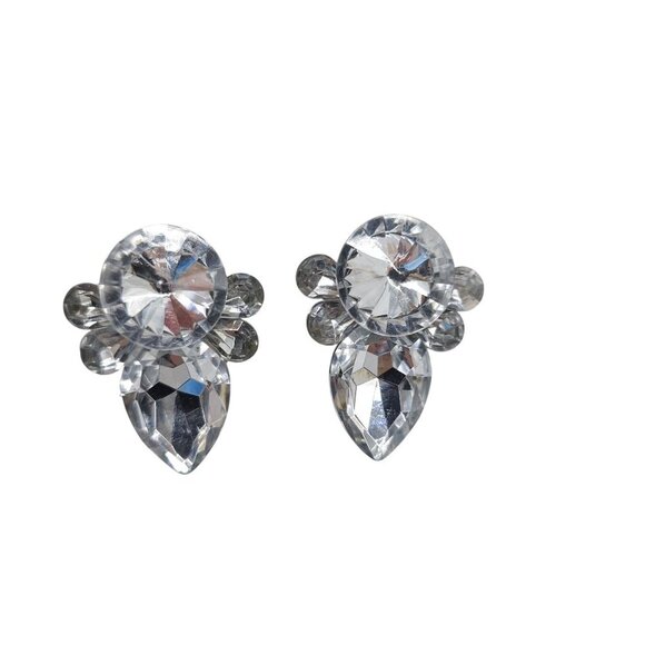 Vintage 1980s Rhinestone Acrylic Clip-On Earrings Clear Crystal Look Retro - Picture 1 of 5